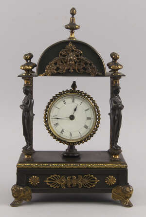 
	
		A French bronze and gilt metal mantel clock, late 19th century, the case of architectural...