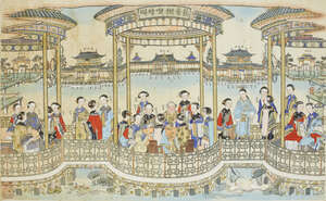 
	
		A Chinese woodblock print, early 20th century, depicting a scene from the Dream of the...