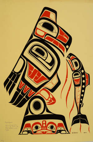 
	
		Walter Harris, Canadian 1931-2008- Weget Legend Raven luring Salmon from the water with...