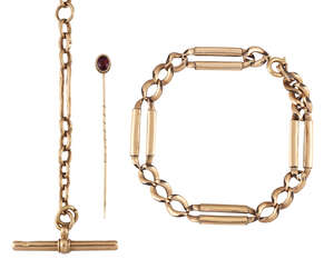 A late 19th century gold watch chain, of oval link design with rounded rectangular link spacers and clip and bar terminals, length 38.0cm; together with an ova