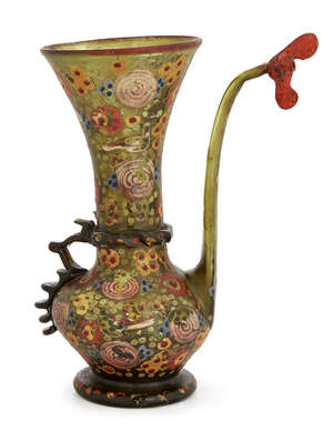 
	
		A Qajar enamelled green glass burette, Iran, early 19th century, on spreading foot, the...