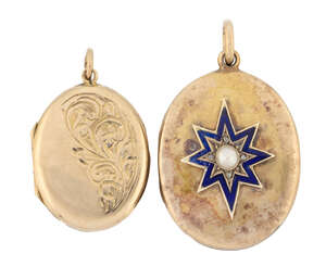 Two gold oval locket pendants, the first late 19th century, the front with applied star, the half-pearl centre with a rose-cut diamond border to blue enamel ra