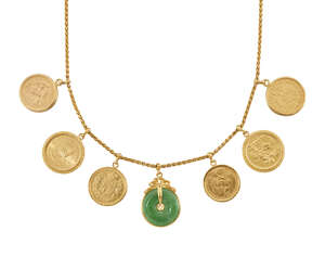 
	
		 A gold coin necklace, the 22ct. gold neckchain suspending six pendant mounted coins and...