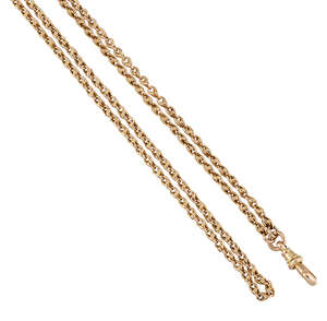 A late 19th century gold guard chain, of rope-link design, length 142.0cm 
		 