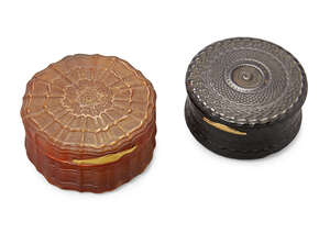 
	
		Two gold-mounted engine-turned tortoiseshell boxes, English or French, late 18th century,...