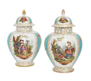 
	
		A pair of German Dresden porcelain vases and covers, late 19th/early 20th century, 