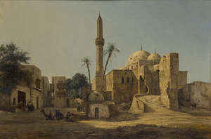 
	
		Orientalist School, 
		late 19th century- 
		Street scene with figures, a camel and a...