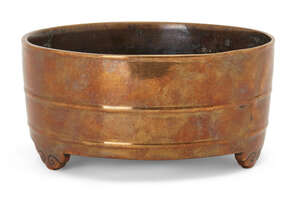 
	
		A Chinese bronze cylindrical censer, 17th/18th century, decorated to the exterior with...