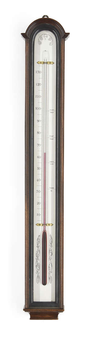 
	
		A late George III mahogany thermometer, early 19th century, arched glazed case above...