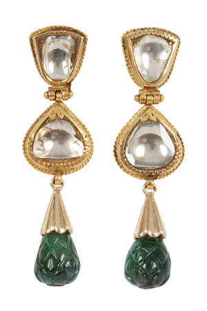 
	
		A pair of diamond and carved emerald gold earrings, India, 20th century, formed of a...