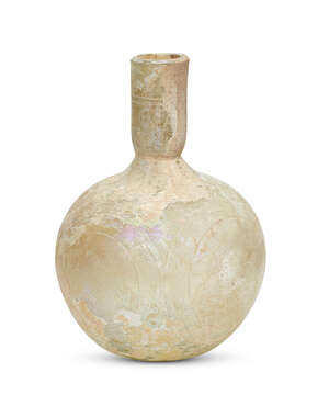 
	
		A late Roman pale yellow iridescent glass flask, 4th century A.D., with a cylindrical...