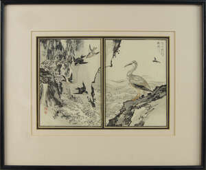 
	
		Kono Bairei, Japanese 1844-1895, two hand-coloured woodblock prints of an albatross and...