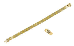A diamond ring and a bracelet, the ring set to the front with an old-cut diamond four stone cluster, ring size W; the two colour bracelet of fancy chevron link