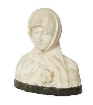 
	
		Adolfo Cipriani, Italian, c.1880-1930, an alabaster bust of a hooded woman wearing a...
