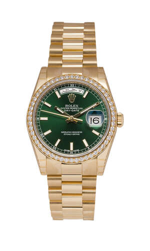 
	
		An 18ct gold, diamond-set, Day-Date automatic wristwatch, by Rolex, Ref. 118348, the...