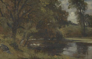 
	
		Attributed to Frederick Waters Watts, 
		British 1800-1870- 
		 
		Wooded river...