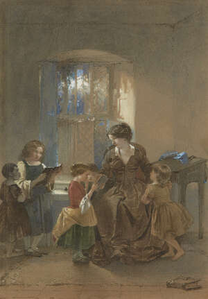 Thomas Faed RI, 
		Scottish 1826-1900- 
		 
		The Governess; 
		 
		watercolour on buff coloured paper, 25x17.5cm 
		 
		Provenance: the private coll