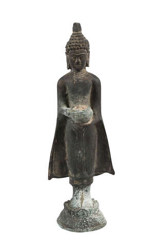 
	
		A Thai bronze figure of buddha, 19th century, modelled standing holding a begging bowl,...