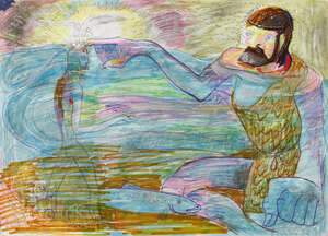 
	
		Sven Berlin, 
		British 1911-1999 - 
		 
		Mythic scene, 1990; 
		 
		felt pen, gold...