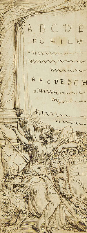 Attributed to Agostino Mitelli, 
		Italian 1609-1660- 
		Design for a frontispiece: an allegorical figure of 'Liberty' seated on a lion, with the arm