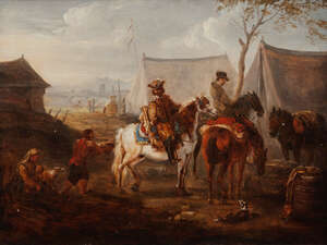 
	
		Circle of Philips Wouwerman, 
		Dutch 1619-1668- 
		 
		Soldiers on horseback in a...