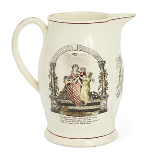 A large creamware Leeds Pottery Masonic jug, late 18th/early 19th century, designed with printed...
