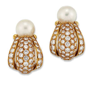 
	
		Cartier, a pair of diamond and cultured pearl ear clips, by Cartier, each of scroll...