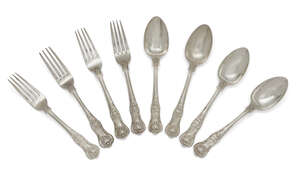 
	
		A set of twelve silver Queen's pattern dessert spoons, London, c.1855, John James Whiting