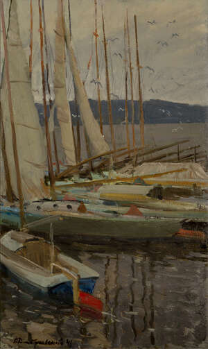 Victor Dmitryevsky, 
Russian 1923-2006- 
Moored boats, 1948; 
oil on canvas, signed and dated lower...