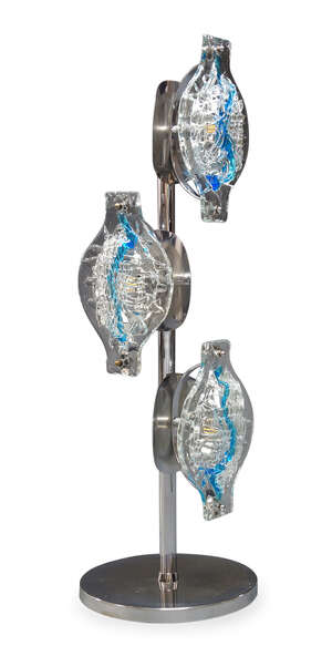
	
		Angelo Brotto (1914-2002), a chromed and Murano glass three light lamp, produced by...