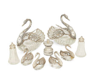 
	
		Six German silver-mounted cut glass swan salts and bonbon dishes, two larger, four...