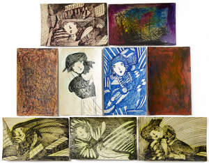 
	
		Madge Gill, 
		British 1882-1961- 
		Untitled figure; 
		pen and blue ink on postcard,...