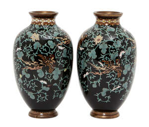 
	
		A pair of Japanese cloisonné enamel vases, Meiji period, decorated with ho-o birds...