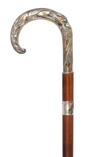 
	
		A silver crook handle walking cane, Broadway & Co, Birmingham, 2002, modelled as a fox...