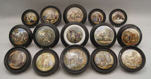 A collection of titled Prattware pot lids, 19th century, to comprise, Charity, Leid a Dite, A False Move, I see you my boy, Uncle Toby (2), The Enthusiast, The