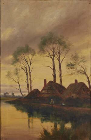 
	
		Henry Bates Joel, British act. 1880-1905- Angler fishing in a river by cottages, 1915; oil on...