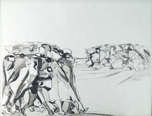 Circle of Anselmo Anselmi, Italian b.1940-  Group of figures walking; brush and black ink and wash, dated 1976, signed indistinctly, 44 x 57cm