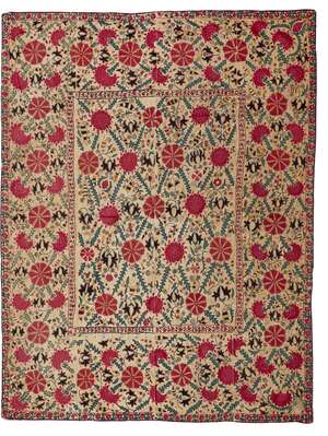 
	
		A Susani embroidered panel, Central Asia,19th century, of rectangular form, with central...