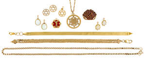 A group of jewellery and costume jewellery, including: two pairs of opal single stone drop earrings; two Star of David pendants, one suspended from a neckchain