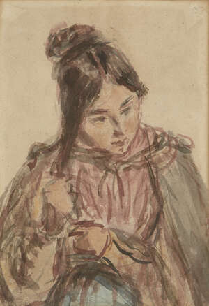 William Henry Hunt, 
		British 1790-1864- 
		 
		Portrait of a girl combing her hair; 
		 
		watercolour, 22x15cm 
		 
		Provenance: with Abbott & Ho