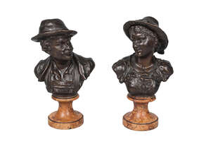 
	
		A pair of Continental miniature bronze busts of a Swiss gentleman and his lady, late 19th...