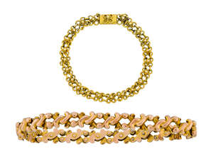 Two bracelets, comprising: a late 19th century gold scroll link expanding bracelet, mechanism defective; and one of openwork quatrefoil link design with bead a