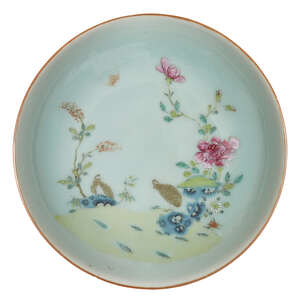 
	
		A Chinese celadon ground famille rose dish, Qianlong minyao mark and of the period,...