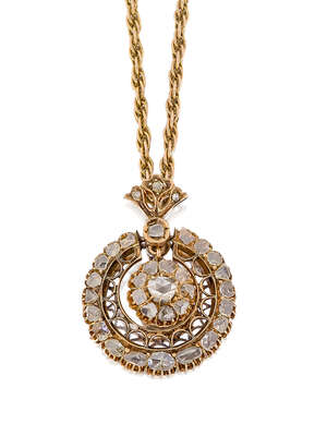 
	
		A rose-cut diamond pendant, the central cluster suspended within an openwork frame with...
