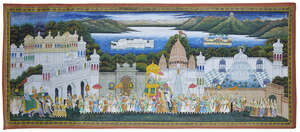 
	
		A large painting on cloth of a procession, India, 20th century, 184 by 78 cm

	


