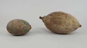 
	
		A large African gourd, incised with animal designs of fish, crocodiles and tortoise, 23cm...