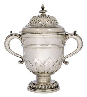 
	
		A large Britannia silver twin-handled cup with lid, London, c.1908, Crichton Brothers,...