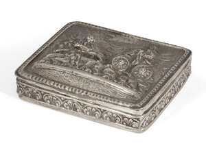 
	
		A white metal snuffbox, of rectangular form, the repousse lid depicting scene of figure...