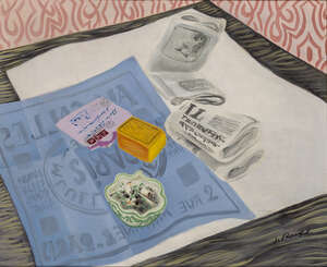 
	
		Antoine de Roux, 
		French 1901-1986-
		
		Nature morte avec journal et cendrier, 1931;...