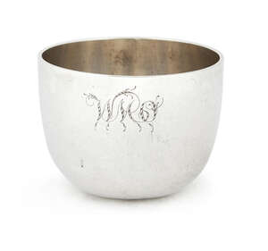 A George II provincial silver tumbler cup, Chester 1753, Richard Richardson II, of plain form with engraved initials to the body, 4.5cm high x 6cm diameter, ap